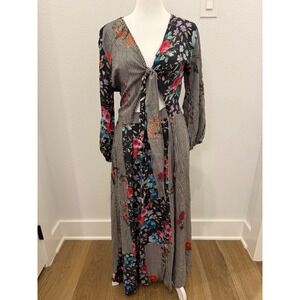 MAHILA by Tolani Annie‎ Botanic Dress Maxi Mixed Print Tie Front Long Sleeve S